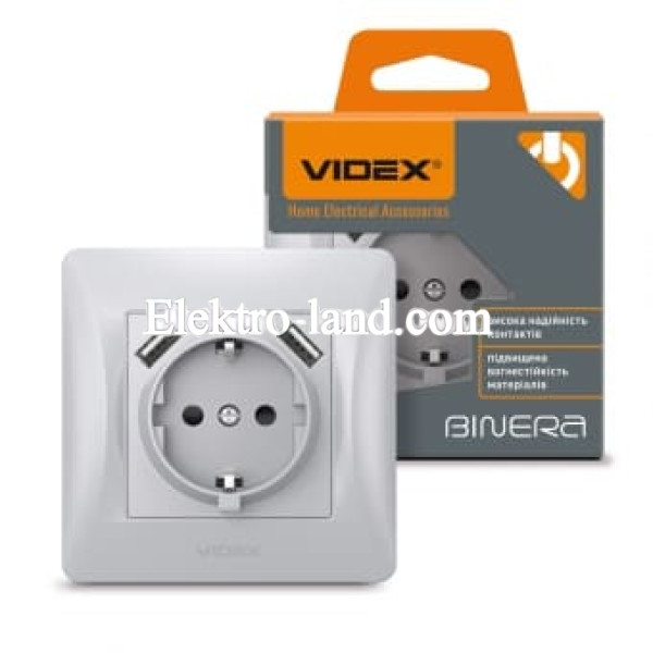 Розетка одинарная с заземлением и 2USB серебряный шелк Videx Binera 